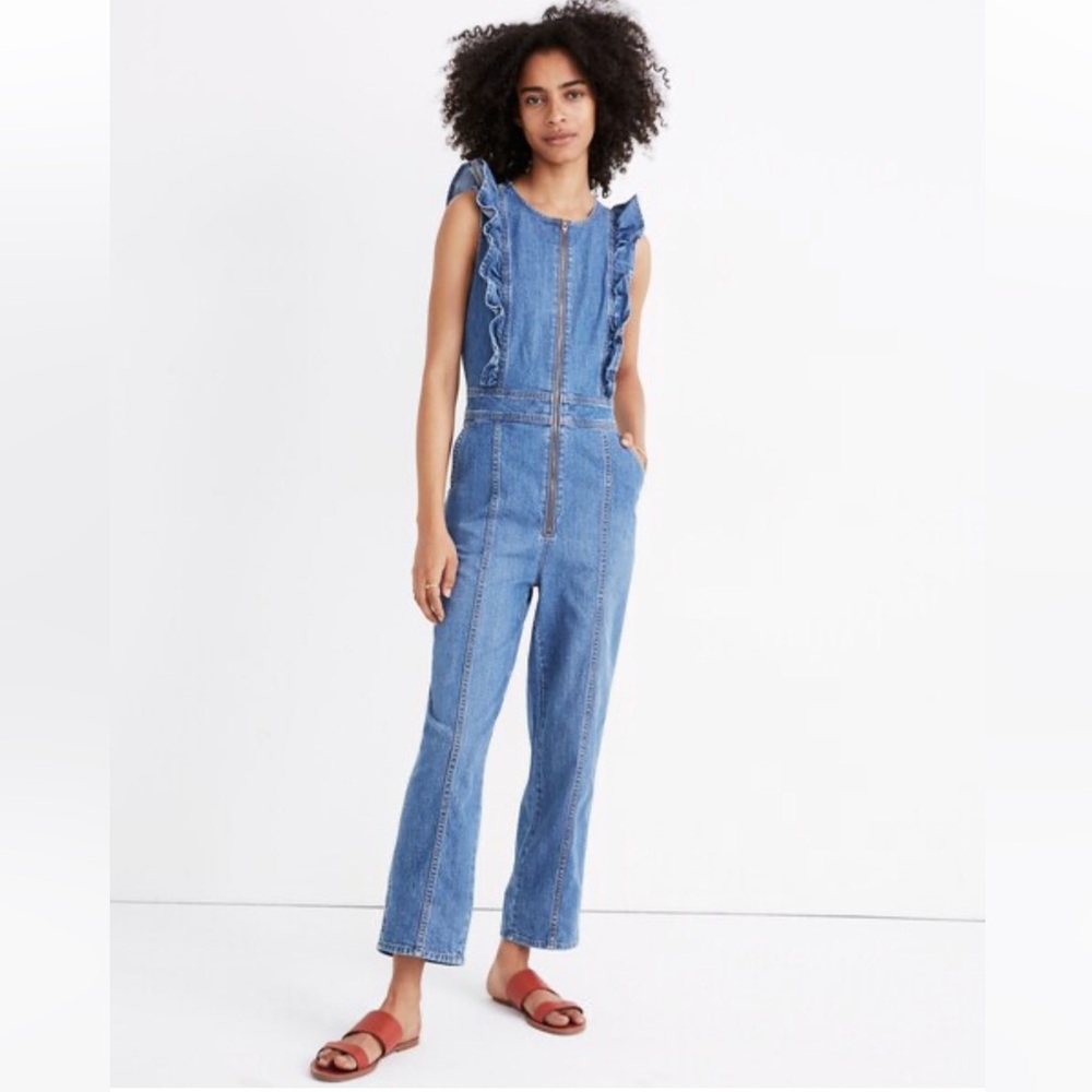 Madewell Denim Ruffle-Sleeve Zip-Front Jumpsuit in Indigo Size 2